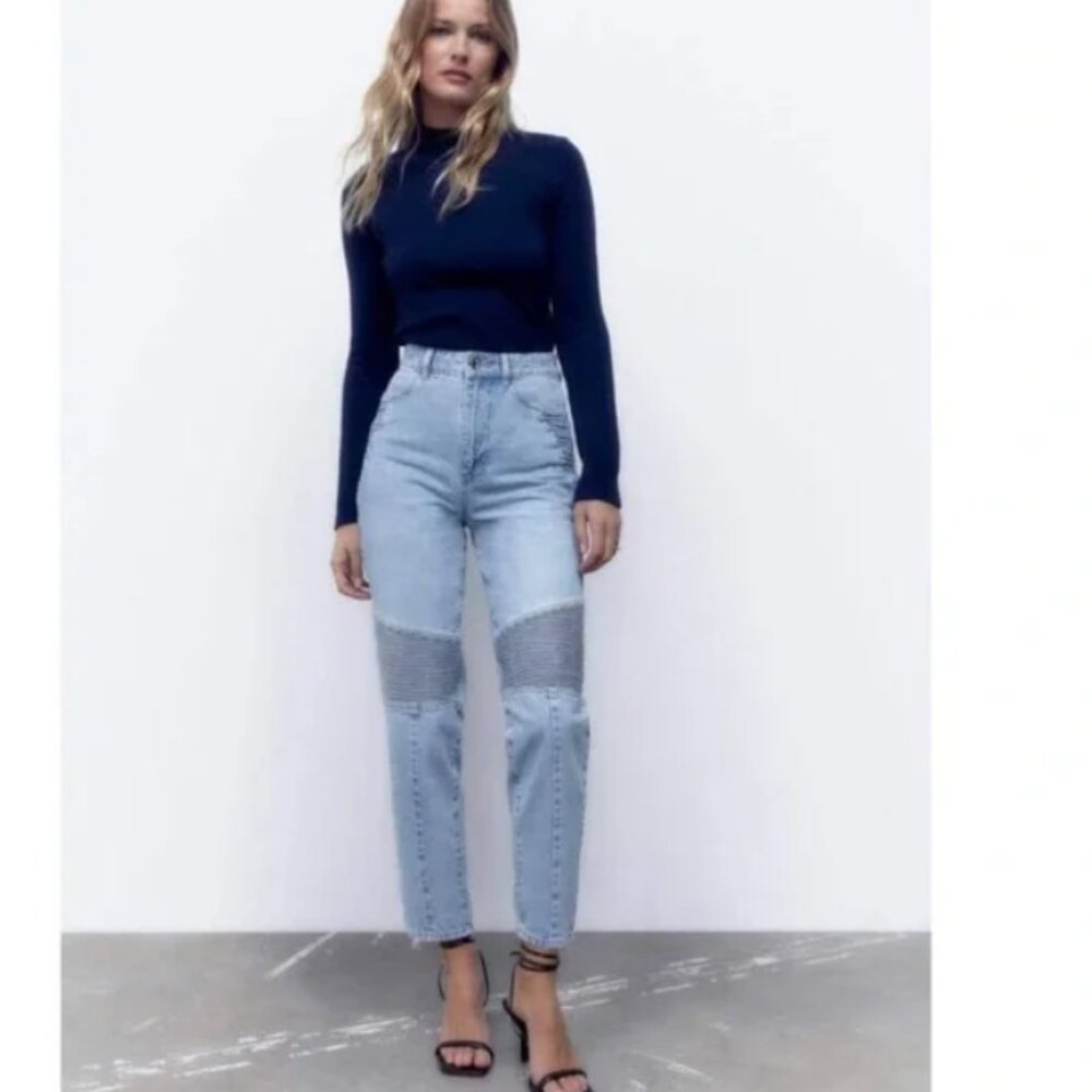 Zara Moto Jeans Biker Mom Fit Ankle length High Rise Blue Denim Jeans